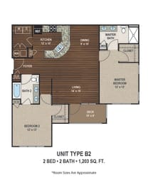 B2 1,203 Sq.Ft. Floor Plan at Ascent at Mallard Creek Apartment Homes, North Carolina